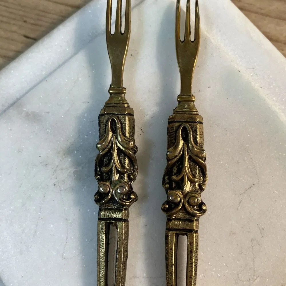 VTG Decorative Fork Lot - Long Wood Handles Japan - Small Gold Tone Set In Boxes